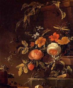 Flowers In A Landscape With A Lizard by Elias van den Broeck