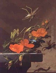 A Bouquet of Roses, Morning Glory and Hazelnuts with Grasshoppers, Stag Beetle and Lizard by Elias van den Broeck