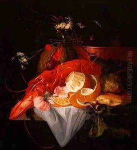 A Still Life with Lobster, Lemon and Grapes by Elias van den Broeck