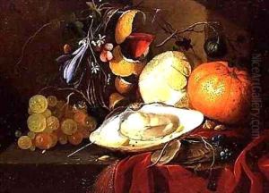 An oyster, a glass of wine and fruit on a table covered with a red velvet drape by Elias van den Broeck