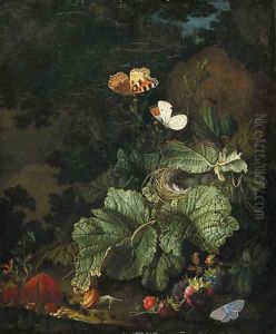 A forest floor still life with a bird's nest, toadstools, snails, blackberries, Tortoiseshell, Aurora, and Common Blue butterflies by Elias van den Broeck