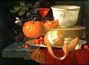 Still life of an orange, a lemon and strawberry on a pewter plate, a wan-li bowl behind by Elias van den Broeck