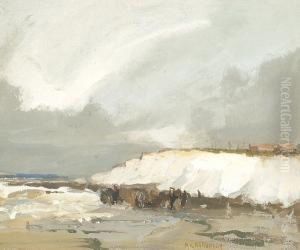 Figures On A Beach With Chalk Cliffs by Albert Ernest Bottomley