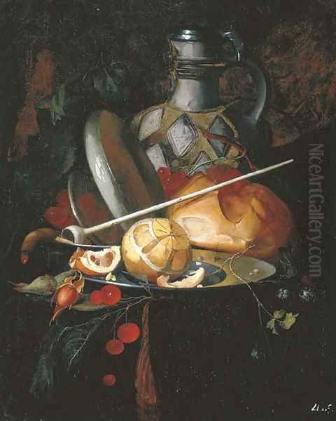 A partly-peeled orange on a pewter plate with raspberries, cherries, grapes, a loaf of bread, a pipe and a water jug on a table ledge - view 1