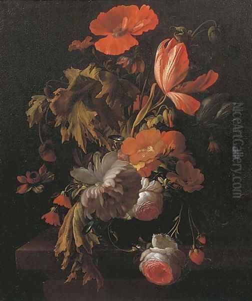 A still life with tulips, roses, poppies and other flowers in a vase on a wooden ledge - view 1