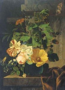 A rose, morning glory, carnations and other flowers on a glass vase on a partly draped marble ledge by Elias van den Broeck