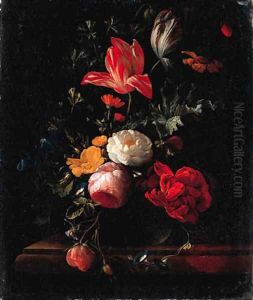 Pink and red Roses, Parrot Tulips, Camellias, Marigolds and other Flowers in a Vase on a Ledge by Elias van den Broeck