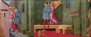 The Archangel Raphael leading two Dominican friars in a coastal landscape by Nero di Bicci