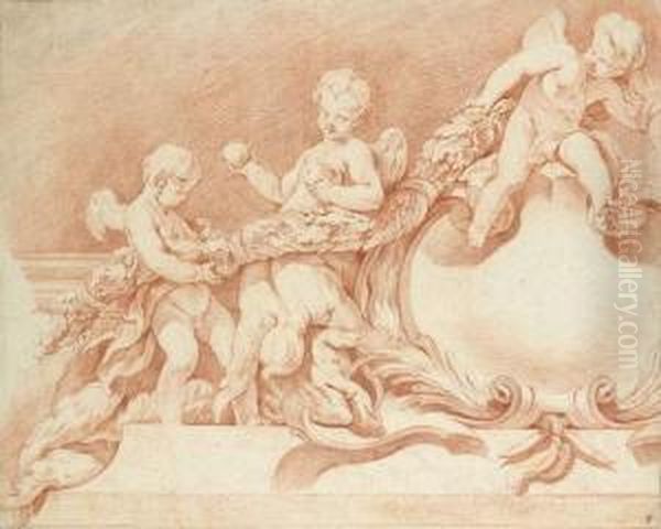 Etude De Dessus De Porte En Stuc, Putti Et Sanglier Pres D'un Blason - view 1