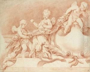 Etude De Dessus De Porte En Stuc, Putti Et Sanglier Pres D'un Blason
