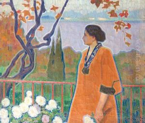 A lady in an autumn landscape near a lake by Otto Boyer