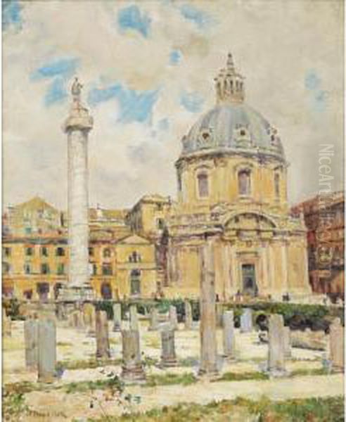 Le Forum De Trajan A Rome [trajan's Forum In Rome, Oil On Canvas, Signed.] - view 1