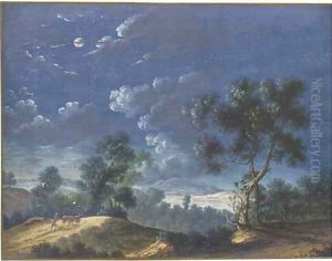 A moonlit landscape with a figure leading two cattle, a lake in the distance by Louis Nicolael van Blarenberghe