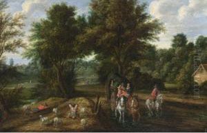 A Wooded Landscape With 
Travellers In A Horse-drawn Carriage With A Horseman And Shepherds With 
Their Sheep Resting by Boudewyns Adriaen &amp; Bout Peeter