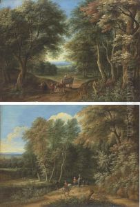 A Wooded Landscape With Travellers And A Cart And Horse by Adriaen Frans Boudewijns