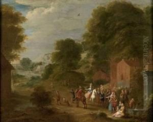 La Halte Des Chasseurs Pres De La Fontaine by Adriaen Frans Boudewijns