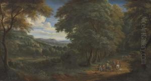 A Wooded Landscape With Horsemen Greeting Travelers On A Path