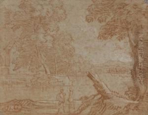 A Classical Landscape With Two Figures By A Wooded Lake by Adriaen Frans Boudewijns