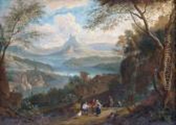Paysage Traverse Par Un Fleuve Avec Des Villageois En Chemin. - view 1