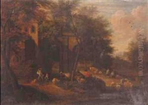 Shepherds And Shepherdesses Resting And Watering Their Livestock by Adriaen Frans Boudewijns