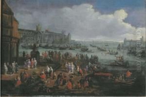 An Italianate Harbour With Elegant Figures by Adriaen Frans Boudewijns
