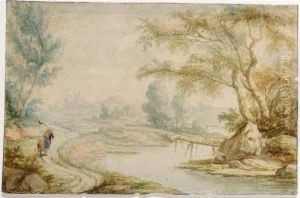 Wooded River Landscape With A Man And Child On A Path To The Left Wooded River Landscape With A Man And Child On A Path To The Left