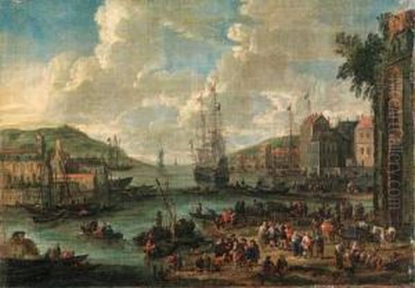 A Port, With Men-o-war And Other Shipping, Townsfolk And Fishermenon The Shore - view 1