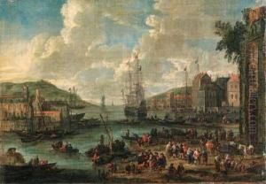 A Port, With Men-o-war And Other Shipping, Townsfolk And Fishermenon The Shore