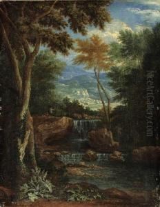 An Italianate Wooded Landscape With Figures By A Waterfall by Adriaen Frans Boudewijns