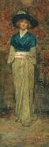 Full Length Portrait Of A Woman In A Blue Shawl