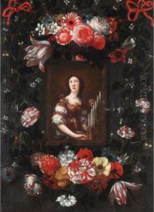 Saint Cecilia Surrounded By A Garland Of Flowers by Michel Bouillon