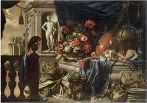 Nature Morte Aux Fleurs, Globe Et Instruments De Musique Devant Un Paysage