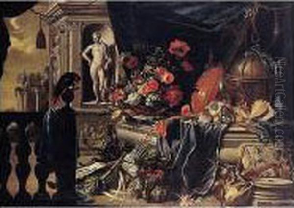 A Still Life Of Flowers With A
Globe, Musical Instruments And A Parrot, All Set Within Architectural
Surroundings - view 1
