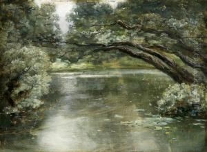 Lakeside Landscape With Lily Pads Oil On Woodpanel by Hippolyte Boulenger