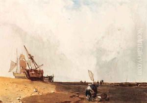 Fishing vessels, with fisherfolk in the foreground by Charles Bentley