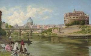 Vue Sur Le Tibre A Rome Avec Chateau Et Le Pont Saint-ange by Abel Boulineau