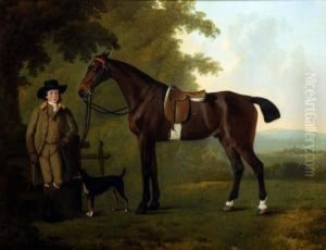 A Young Heir And Stallion, Standing Under A Tree With His Terrier
