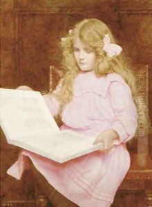 A young girl reading a book, seated in an interior by George Lawrence Bulleid