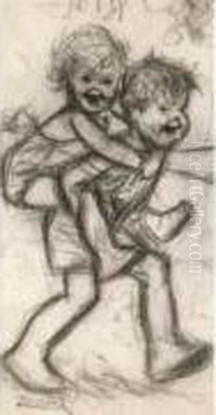 Petite Fille Sur Le Dos D'un Petit Garcon. - view 1