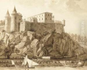 A Fortified Castle On A Cliff Along A River