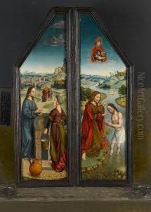 The Wings Of A Triptych: The Baptism Of Christ; And Christ And The Woman Of Samaria by Albrecht Bouts