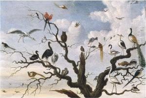 A Pheasant, A Peacock And Other Birds In A Tree by Jacob Bouttats