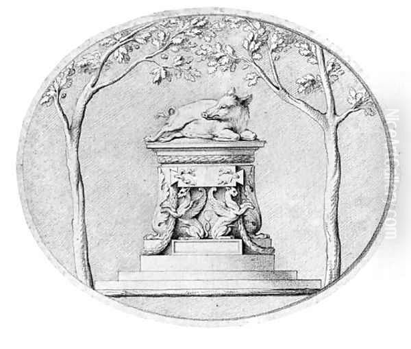 A Boar on a Pedestal decorated with two Griffins, flanked by trees - view 1