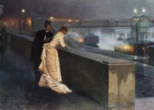 Abendstimmung Am Flusskai Mit Elegantem Paar In Abendkleidung