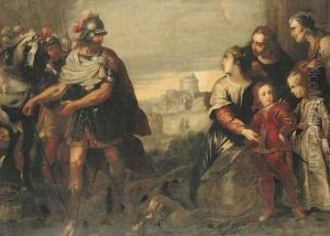Volumnia with her sons before Coriolanus, the Castel Sant'Angelo beyond by Bartolomeo Biscaino