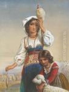 Italian Peasant Girls With A Lamb by Laurent Joseph Daniel Bouvier