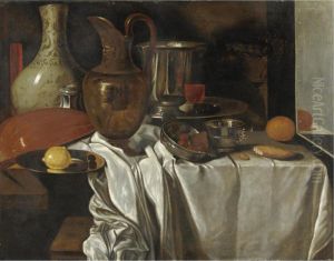 Natura Morta Con Una Brocca, Un 
Vassoio Con Un Limone, Un Liuto, Unrecipiente In Maiolica E Altri 
Oggetti Su Un Tavolo by Andre Bouys