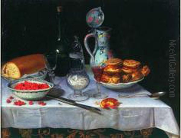 Nature Morte Au Pichet En Porcelaine, Coupe De Fruits Et Verre De Vin - view 1