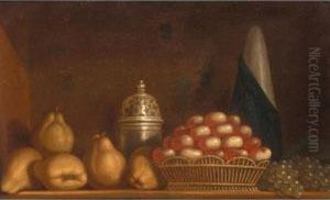 A Still Life Of Apples In A
Wicker Basket, Together With Pears, Peaches And A Silver Sugar Caster by Andre Bouys
