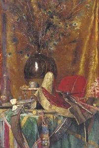 A vase of peacock feathers, assorted swords, a pistol, a saddle and other orientalist objects on a table by Maurice Bompard